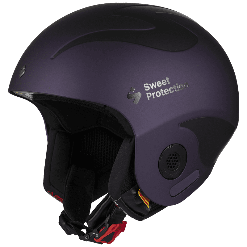 Purple metallic Sweet Protection helmet, front three-quarter angle with ear cup vent and red buckle strap