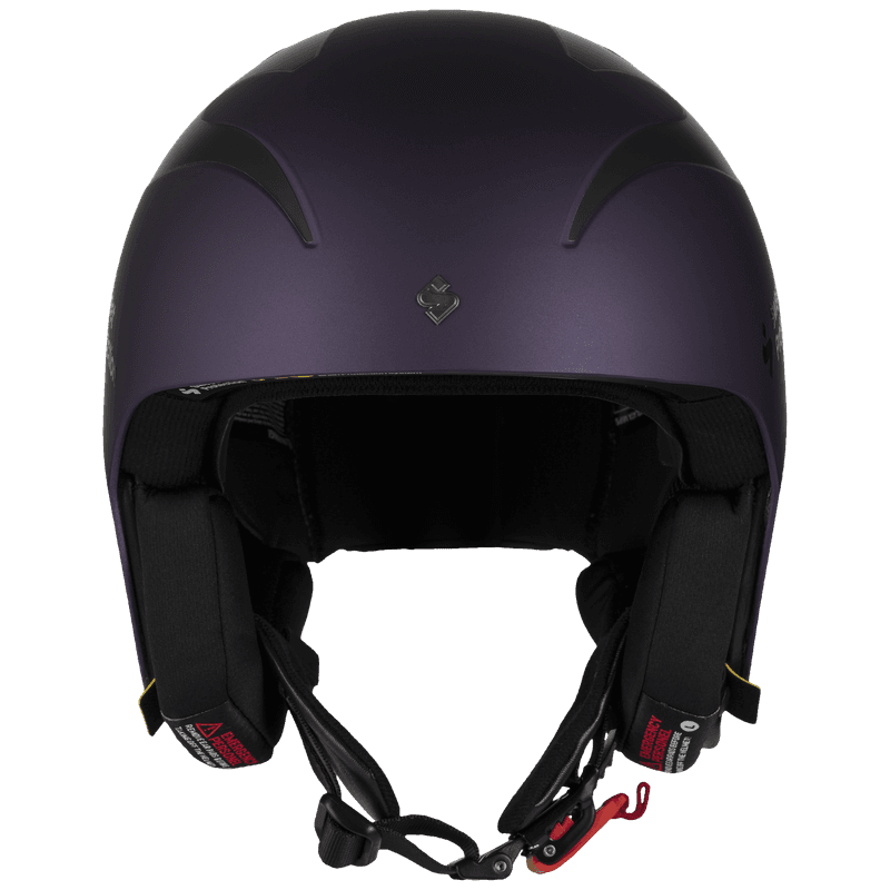Purple metallic Sweet Protection helmet, front view showing interior padding and red chin strap buckle