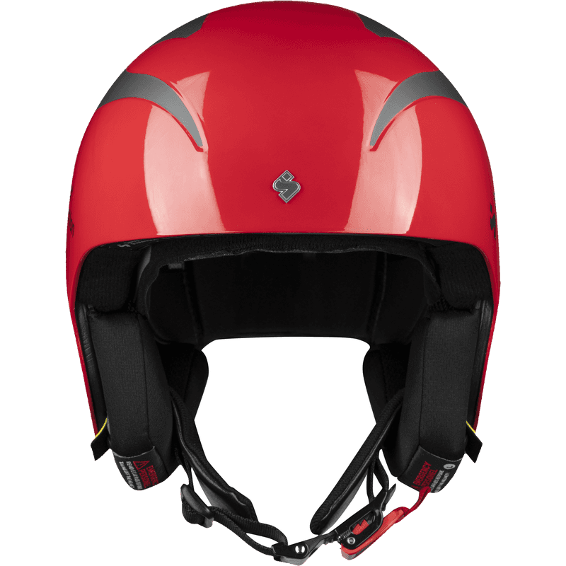Front view of the red Sweet Protection Volata ski race helmet, a FIS-approved design ready for slalom chin guard attachment.