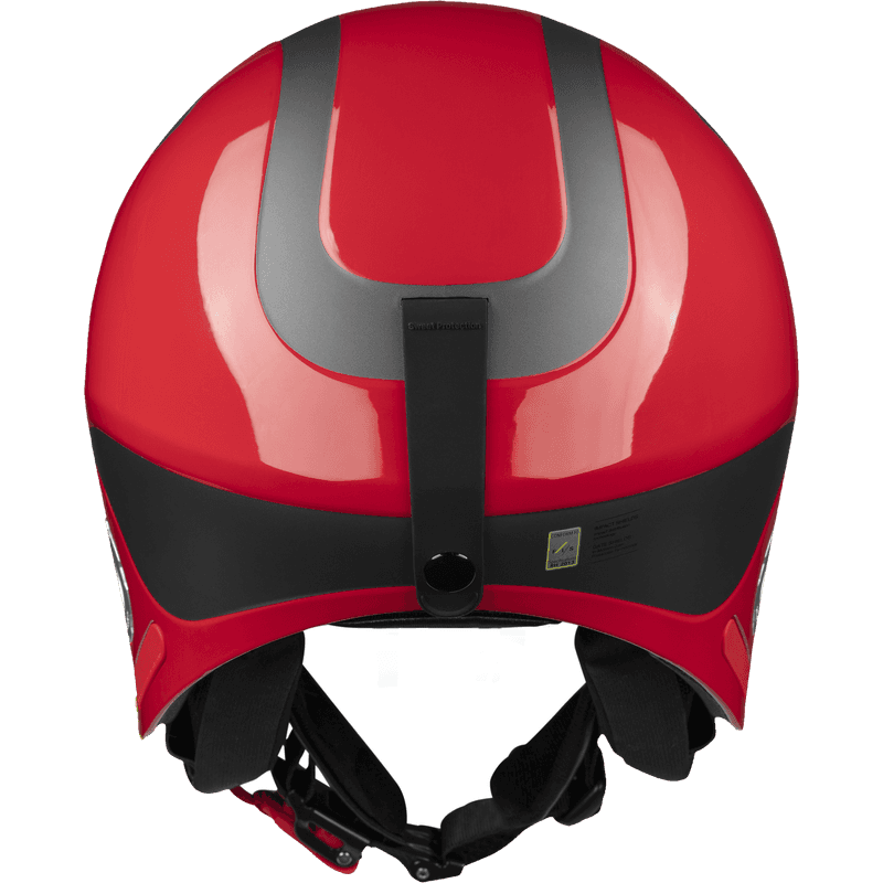 Back view of the red Sweet Protection Volata race helmet, showing the in-molded Gate Shields for impact protection.