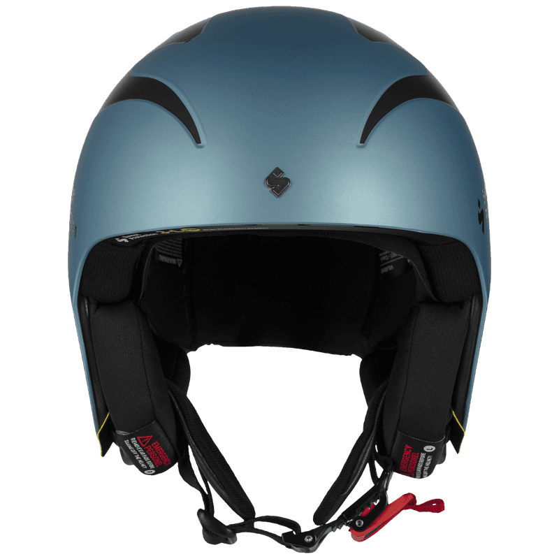 Teal blue metallic Sweet Protection helmet, front view showing interior padding and red chin strap buckle