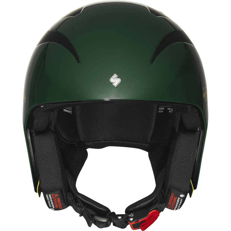 Green glossy Sweet Protection helmet, front view showing interior padding and red chin strap buckle