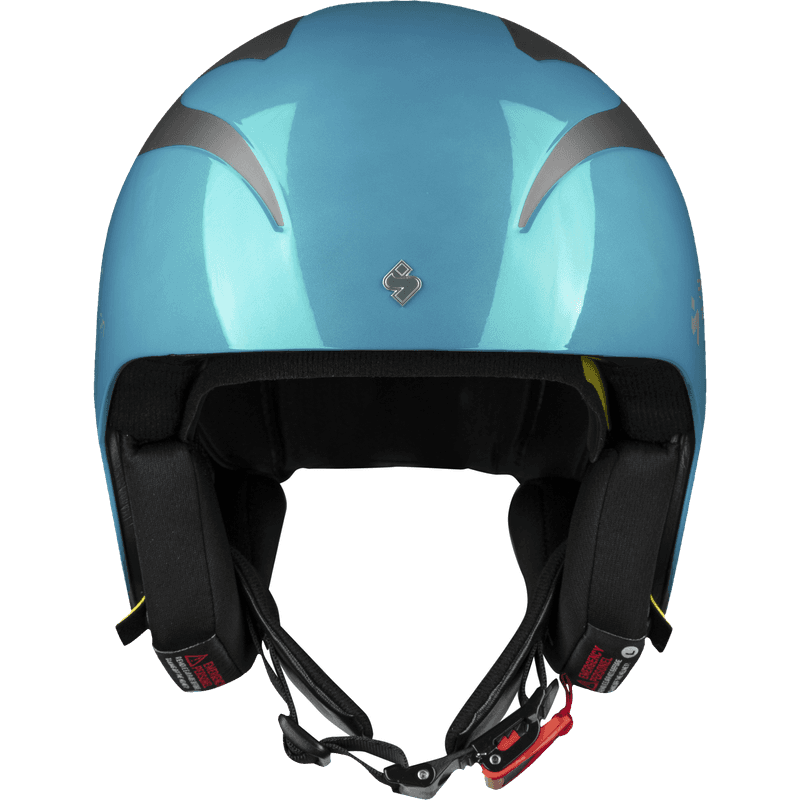 Teal glossy Sweet Protection helmet, front view showing interior padding and red chin strap buckle