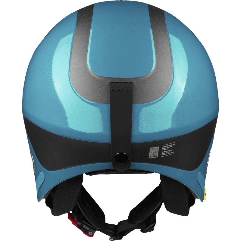 Teal glossy Sweet Protection helmet, rear view with gray center panel and black straps