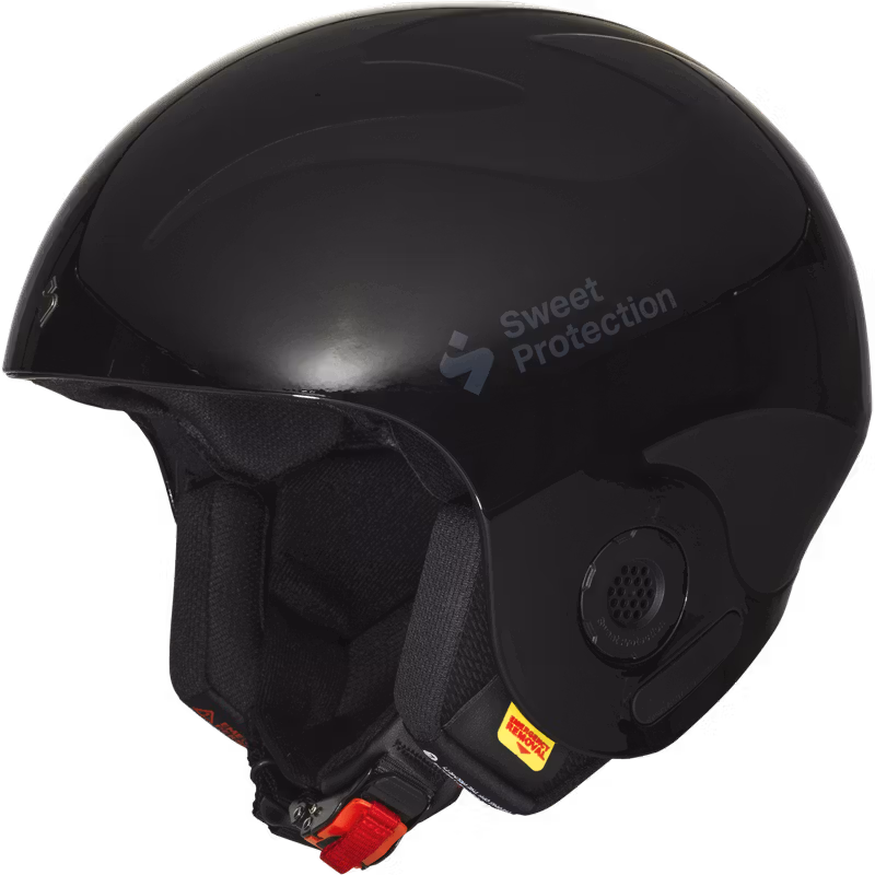 Side profile of the glossy black Sweet Protection Volata ski race helmet, designed for FIS-approved safety and performance.