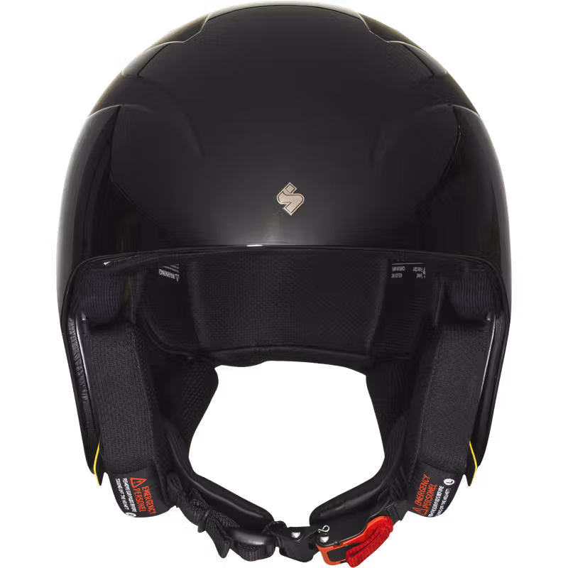 Front view of the glossy black Sweet Protection Volata race helmet with its race-specific micro-adjustment chin buckle.