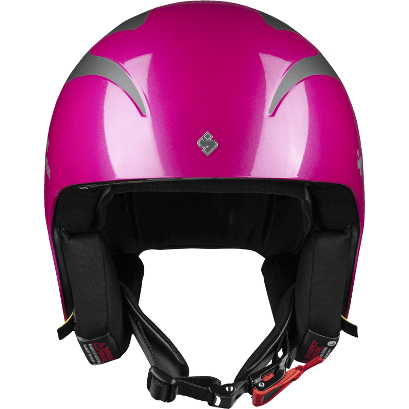 Front view of the glossy fuschia Sweet Protection Volata ski race helmet, designed for speed and FIS-approved safety.