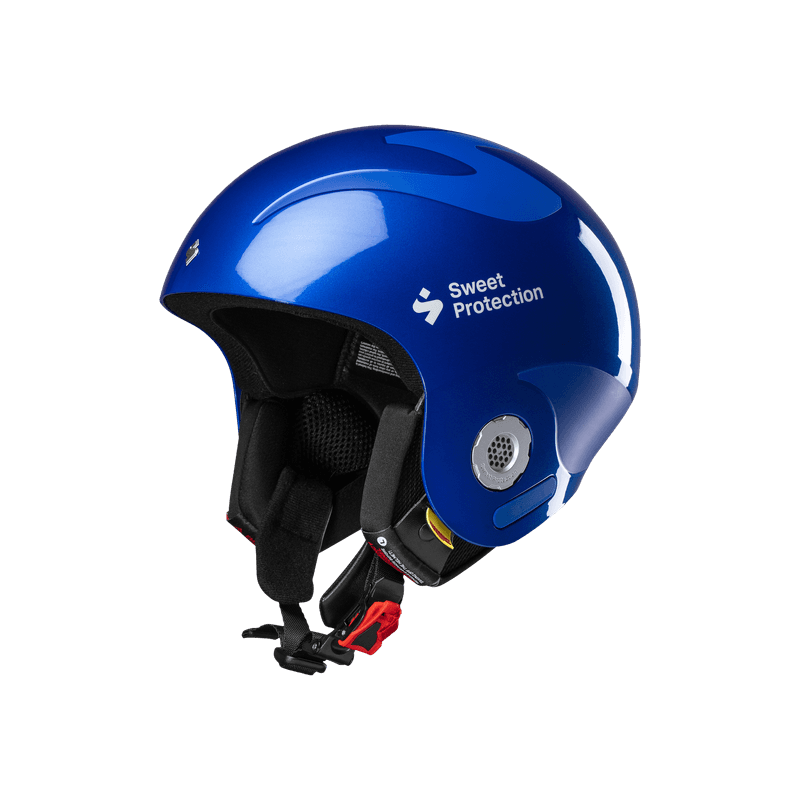 Racing blue glossy Sweet Protection helmet, front three-quarter angle with speaker vent and red buckle strap
