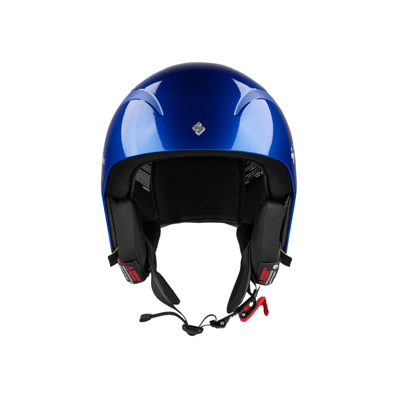 Racing blue glossy Sweet Protection helmet, front view showing interior padding and red chin strap buckle