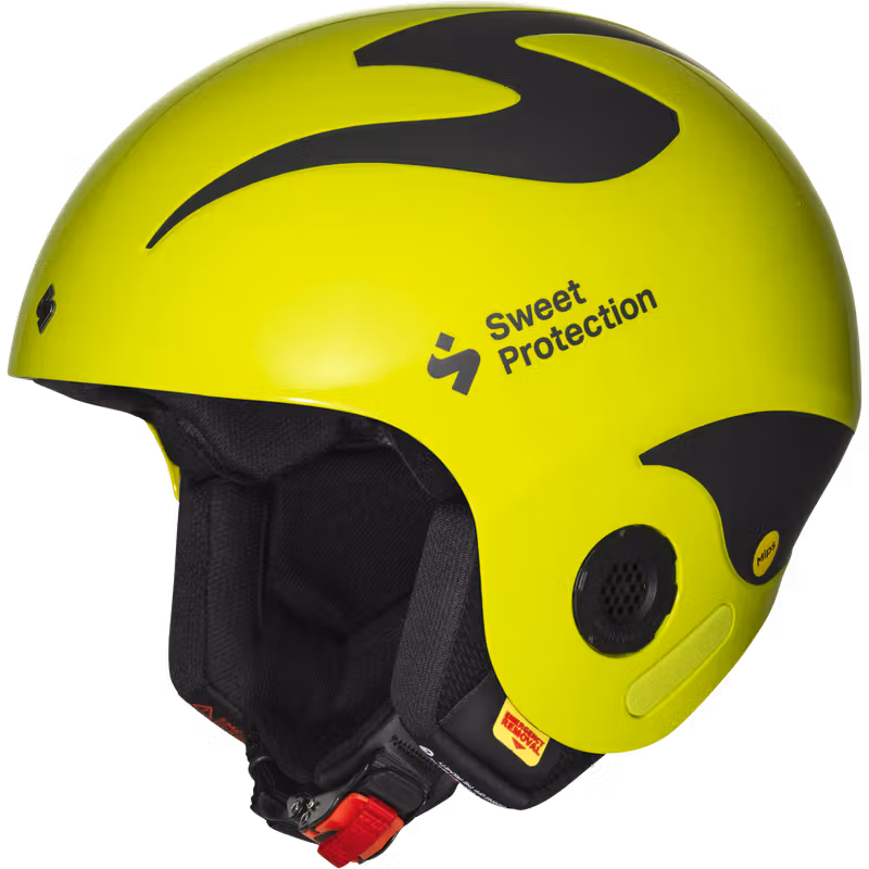 Side view of the bright yellow Sweet Protection Volata Mips ski race helmet with its unique 3-layer Mips technology.
