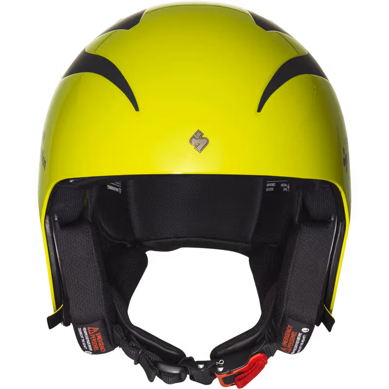 Front profile of the bright yellow Sweet Protection Volata Mips race helmet, showing the secure chin buckle and earpads.