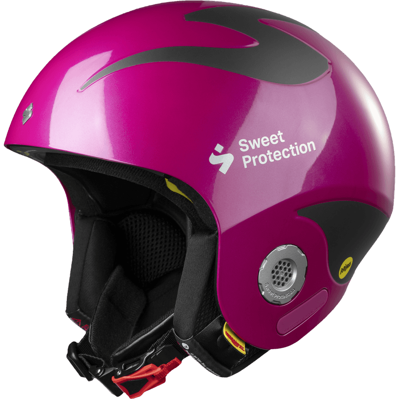 Side profile of the glossy fuschia Sweet Protection Volata Mips helmet, showing the emergency removal earpads.