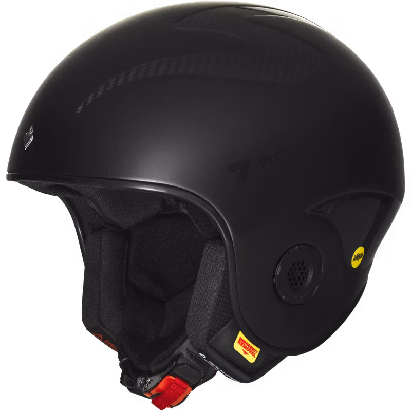 Side profile of the matte black Sweet Protection Volata WC Carbon Mips race helmet, designed for World Cup speed events.