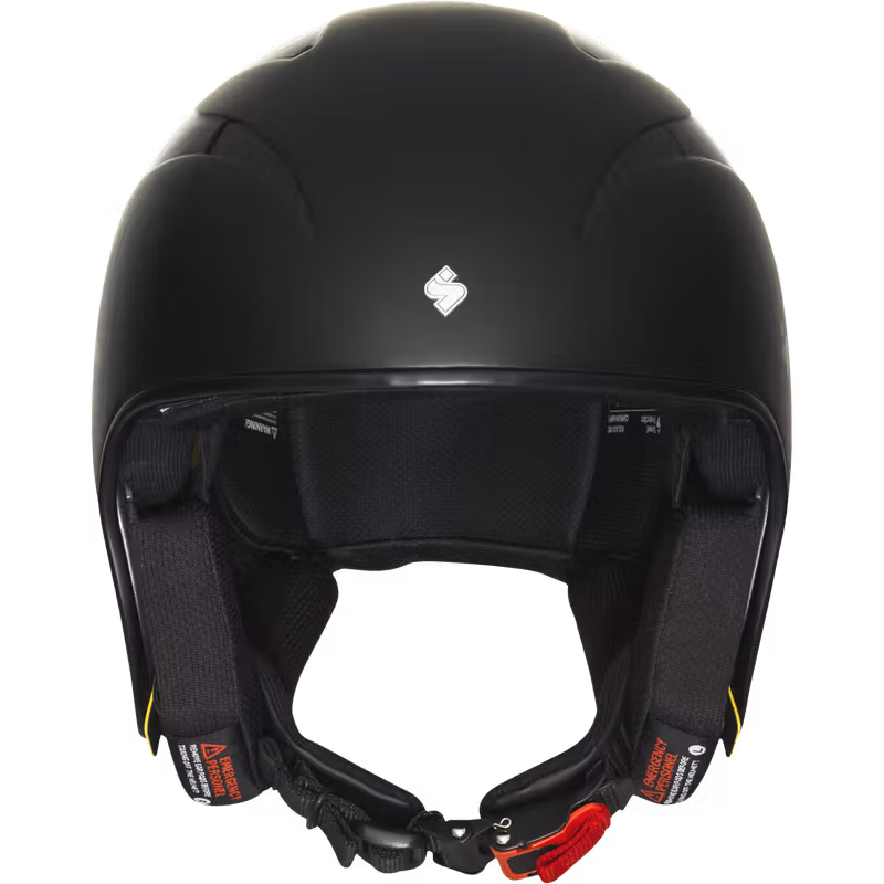 Front view of the matte black Sweet Protection Volata WC Carbon Mips race helmet with its emergency removal earpads.