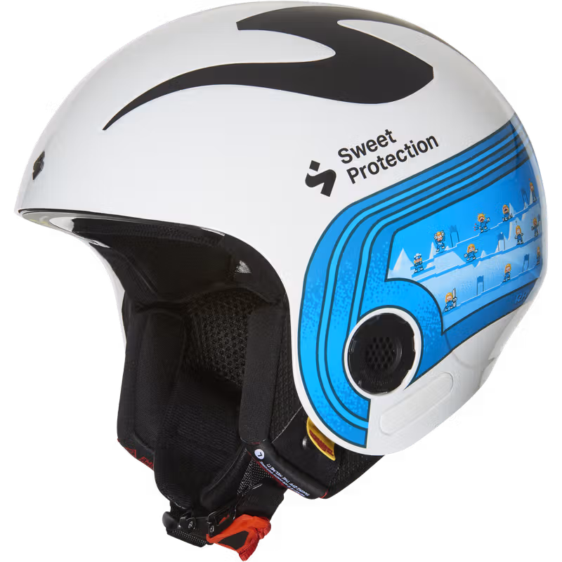 White Sweet Protection Limited Edition mountain helmet, front angle view with blue racing stripes and red chin strap buckle
