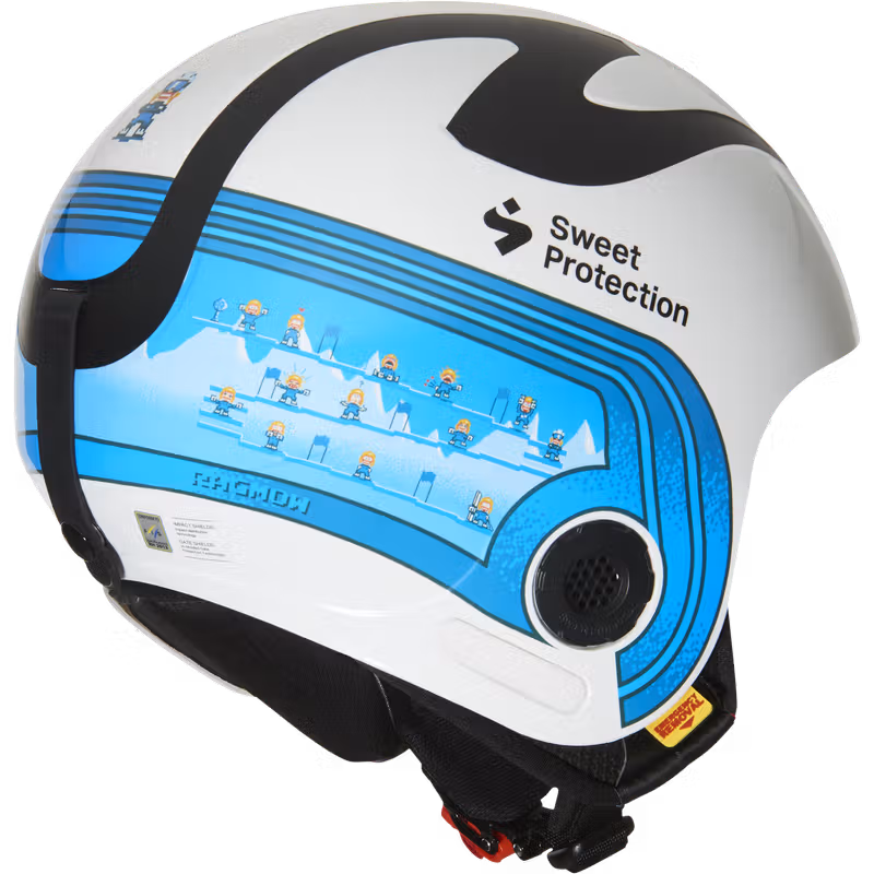 White Sweet Protection Limited Edition mountain helmet, side view with blue racing stripes and mascot pattern