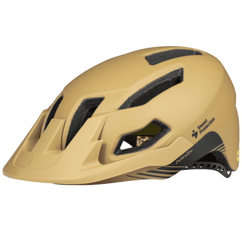 Angled side view of the Sweet Protection Dissenter Mips Helmet in DUSK with visor and adjustable strap.