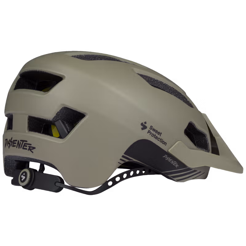 Side view of the Sweet Protection Dissenter Mips Helmet in Woodland with visor and adjustable strap.