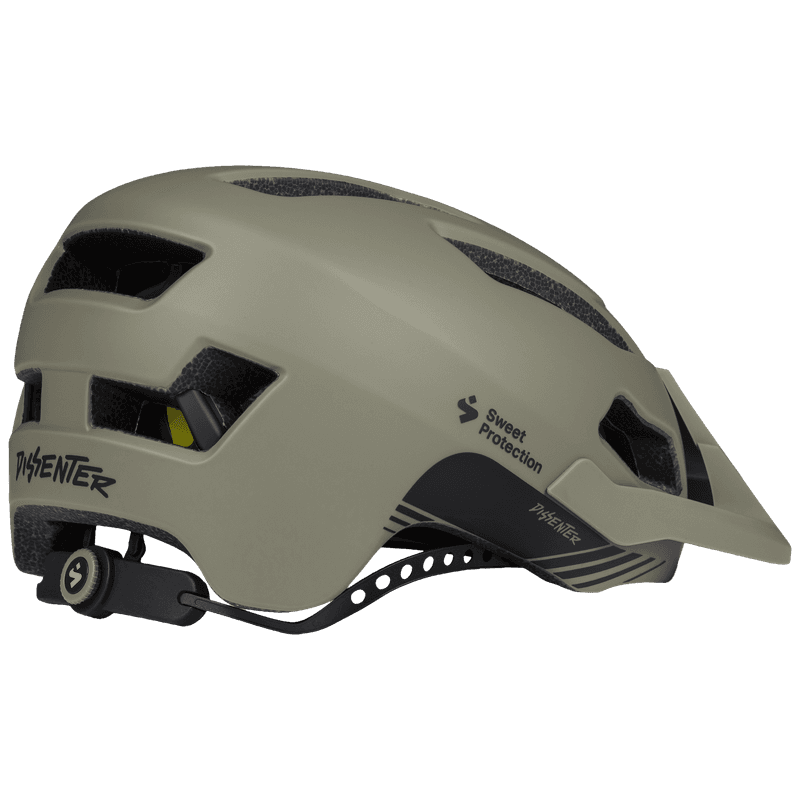 Side view of the Sweet Protection Dissenter Mips Helmet in Woodland with visor and adjustable strap.