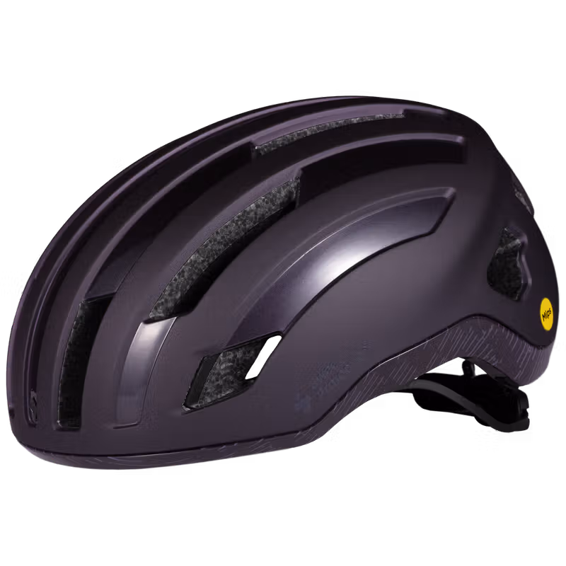 Side profile of the sleek, dark purple (Plum) Outrider Mips road bike helmet, a lightweight helmet with Mips protection.
