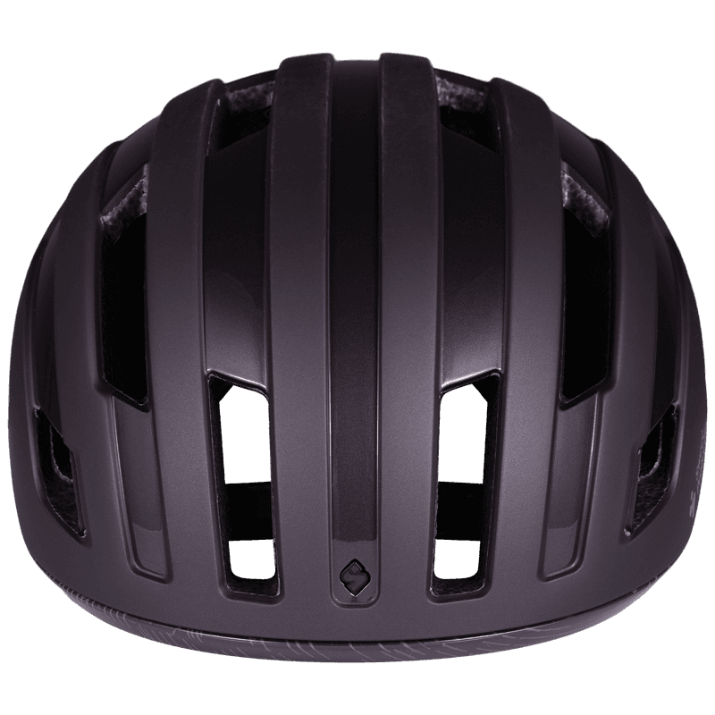 Front view of the dark purple (Plum) Sweet Protection Outrider Mips helmet, a versatile and highly ventilated road cycling helmet.