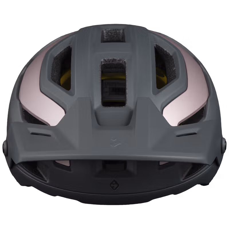 Front view of the Trailblazer Mips helmet, bolt gray with rose gold accents — front vents and high-coverage enduro fit (bolt gray: slate gray; rose gold: metallic pink-gold)
