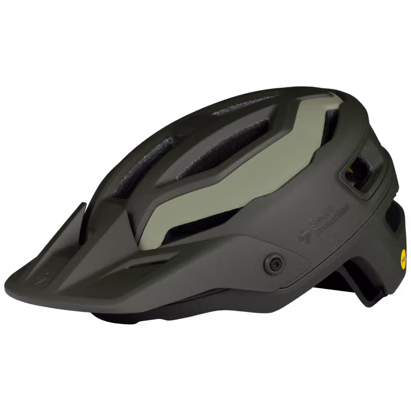 Three‑quarter view of the Trailblazer Mips helmet, maze green — angled profile showing visor and vents (maze green: muted olive/forest green)