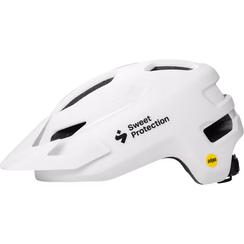 Angled side view of the Sweet Protection Ripper Mips Helmet Junior in Matte White with MIPS badge.