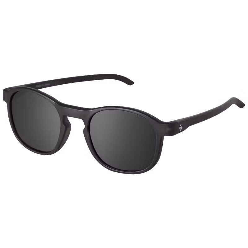 Three-quarter view of the Sweet Protection Heat sunglasses in matte dark storm with obsidian black lenses.