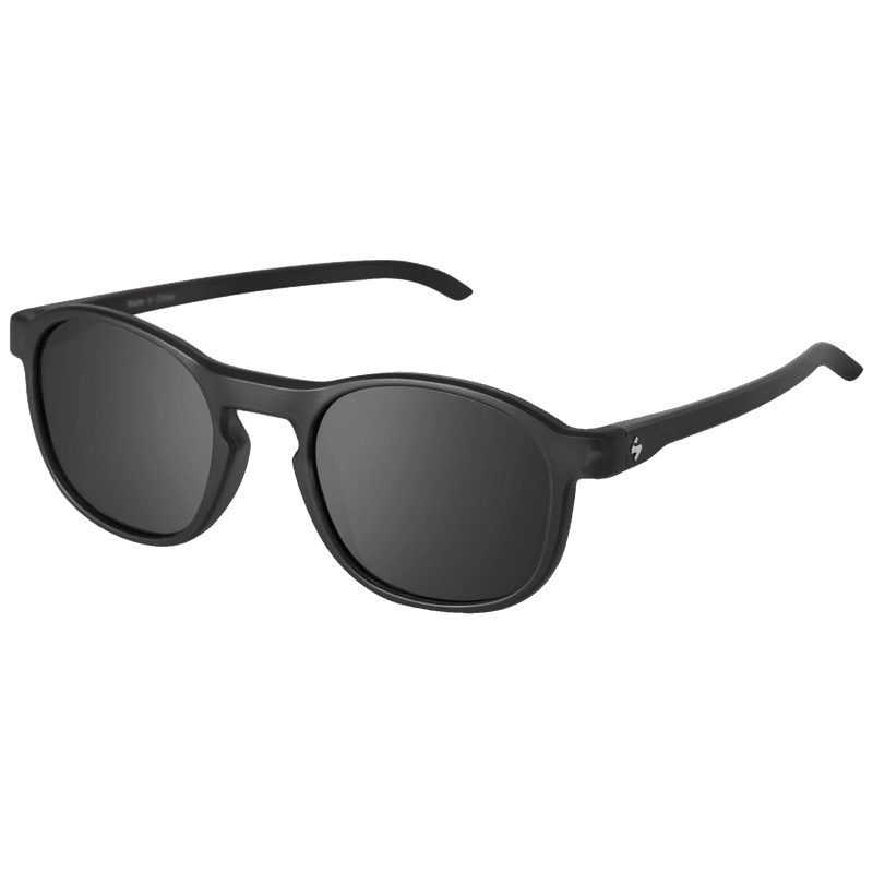 Three-quarter view of the Sweet Protection Heat sunglasses in matte dark storm with obsidian black lenses.