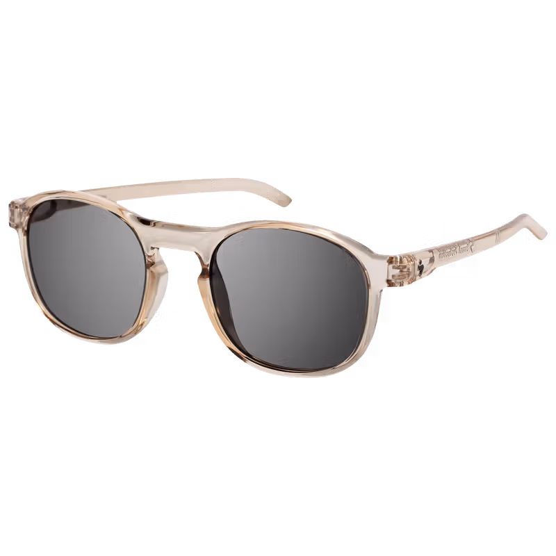 Three-quarter view of the Sweet Protection Heat sunglasses in gloss crystal tusken with obsidian black lenses.