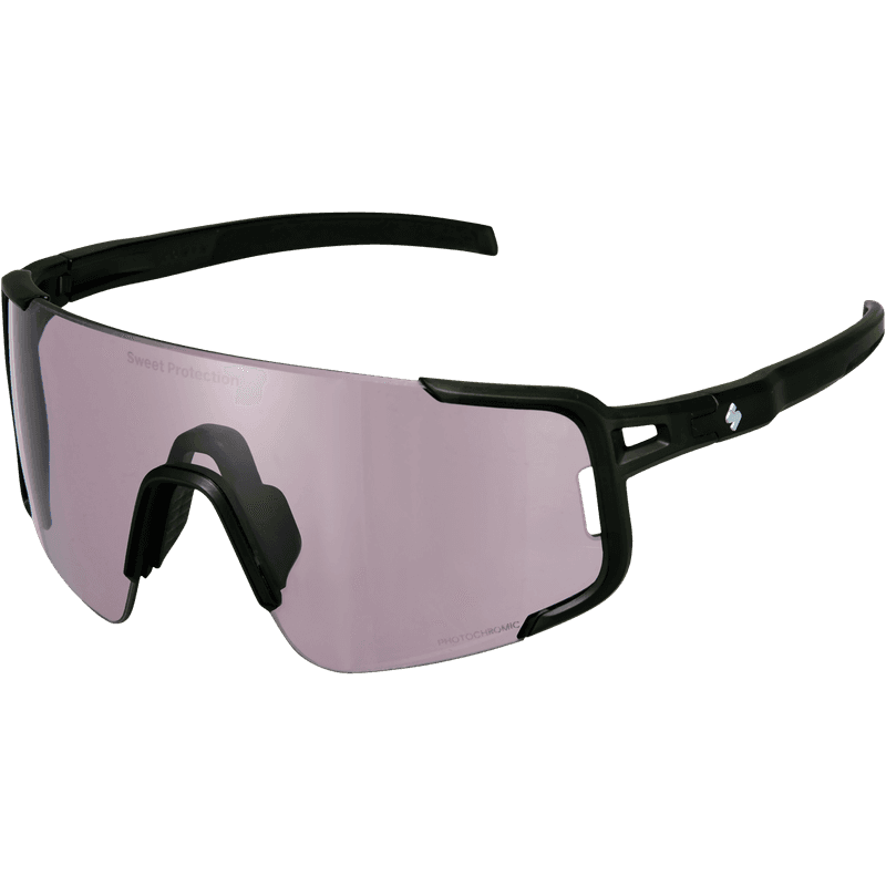 Three-quarter view of the Sweet Protection Ronin RIG Photochromic sunglasses in matte crystal black.