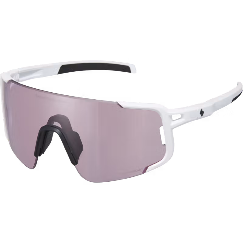Three-quarter view of the Sweet Protection Ronin RIG Photochromic sunglasses in matte white.