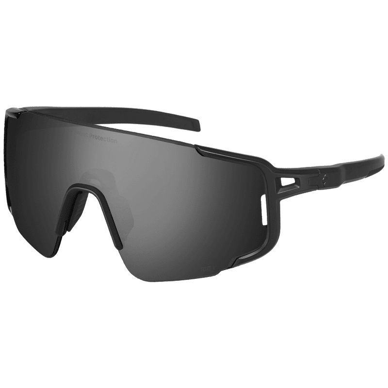 Three-quarter view of the Sweet Protection Ronin Polarized sunglasses in obsidian black with matte black frame.