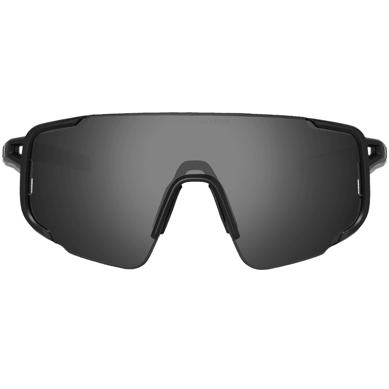 Front view of the Sweet Protection Ronin Polarized sunglasses in obsidian black, showing the polarized lens shield.
