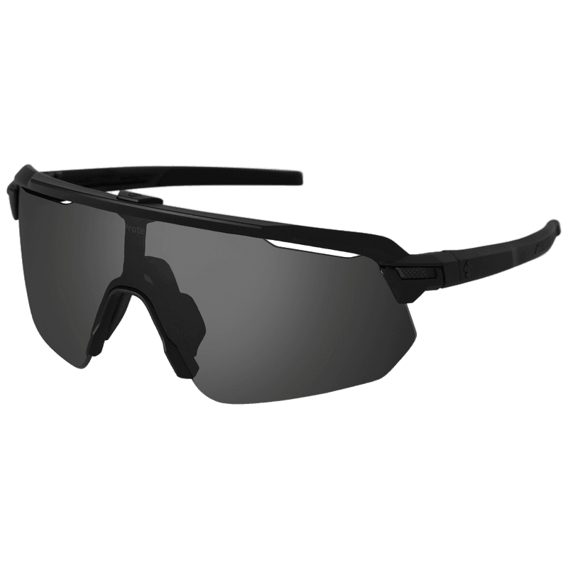 Three-quarter view of the Sweet Protection Shinobi Polarized sunglasses in obsidian black with matte black frame.