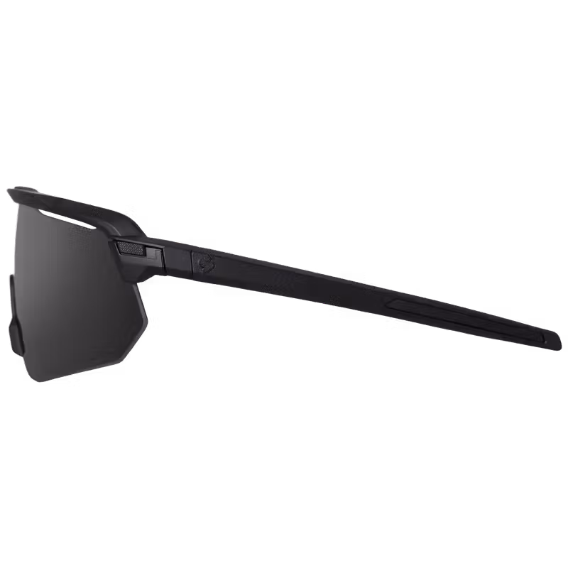 Side profile view of the Sweet Protection Shinobi Polarized sunglasses in obsidian black, showing temple hinge detail.