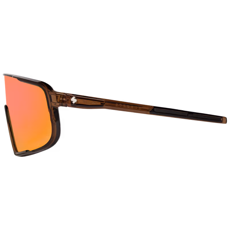 Side view of Sweet Protection Memento sunglasses with a matte crystal black frame and rig topaz lens, designed for cycling and outdoor sports.