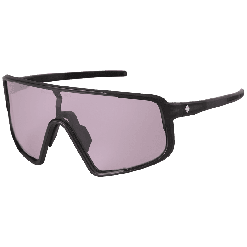 Three-quarter view of the Sweet Protection Memento RIG Photochromic sunglasses in matte crystal black.
