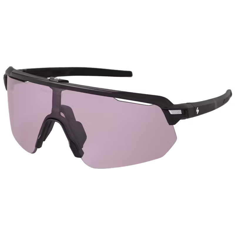 Three-quarter view of the Sweet Protection Shinobi RIG Photochromic sunglasses in matte crystal black.