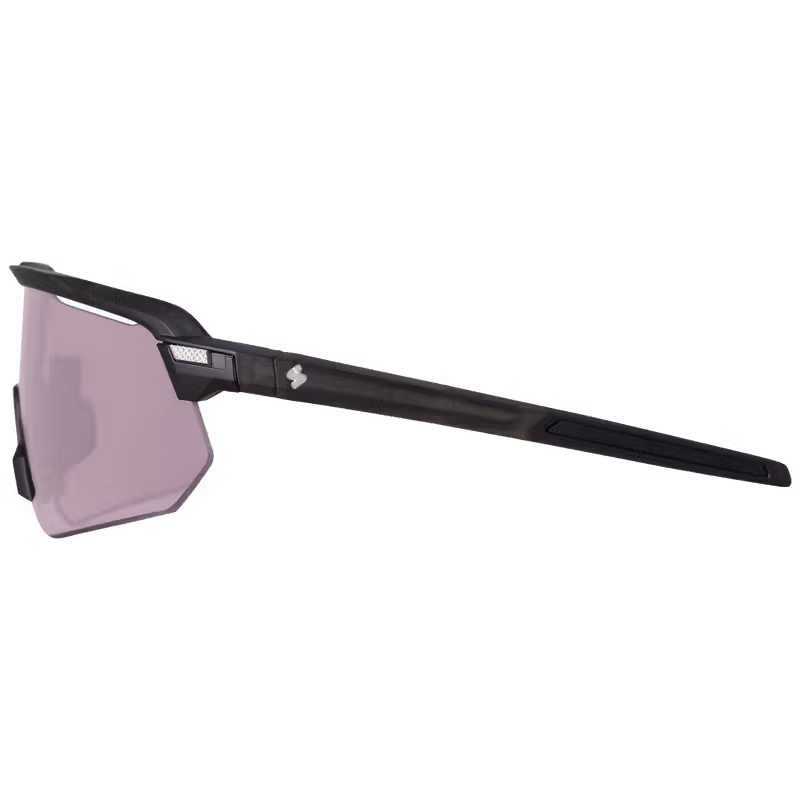 Side view of the Sweet Protection Shinobi RIG Photochromic sunglasses in matte crystal black, showing temple detail.