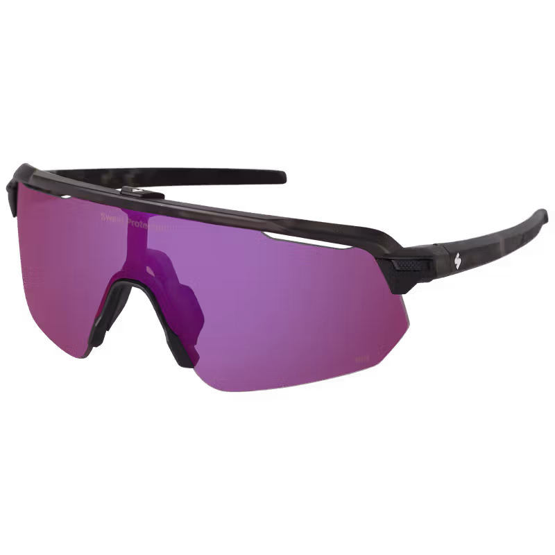Angled view of the Sweet Protection Shinobi RIG® Reflect sport performance sunglasses, highlighting the Crystal Black Camo frame and superior-contrast RIG Bixbite lens.