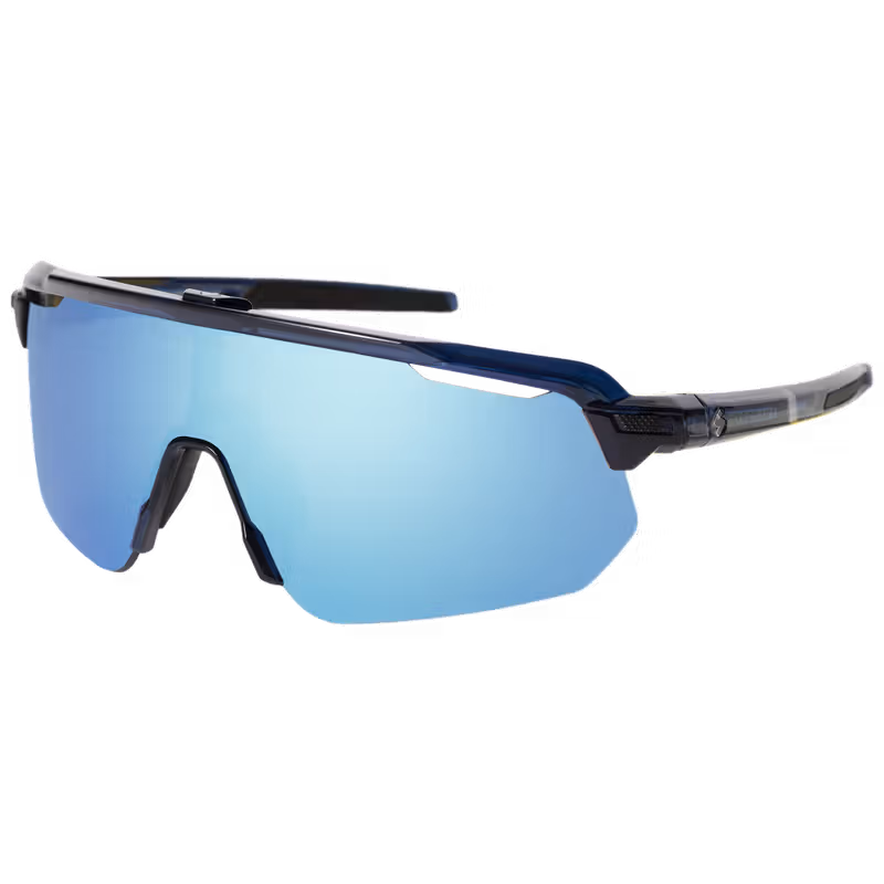 Angled view of the Sweet Protection Shinobi RIG® Reflect sunglasses, highlighting the sleek design with its Crystal Shadow frame and superior-contrast RIG Aquamarine lens.