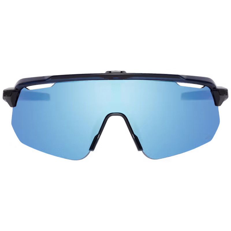 Front view of the Sweet Protection Shinobi RIG® Reflect sport performance sunglasses, showcasing the striking RIG Aquamarine lens and translucent Crystal Shadow frame.