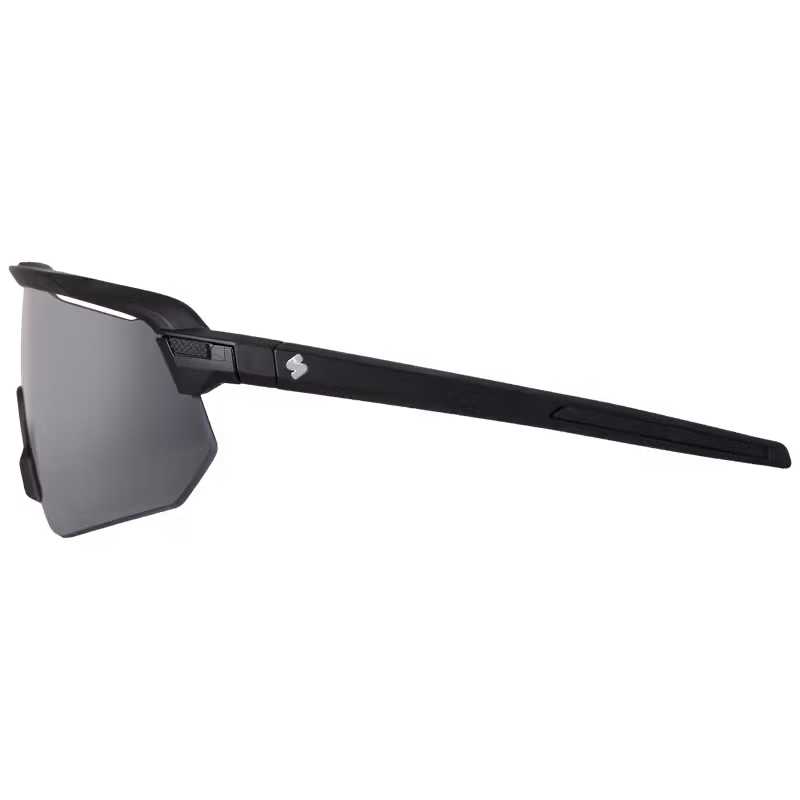 Side profile of the matte black Sweet Protection Shinobi sport performance sunglasses, showing the temple design with grippy inserts for a secure fit.