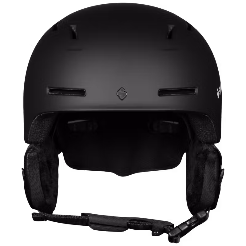 Product Front: Front of the matte black Sweet Protection Looper Mips helmet, showing the goggle garage for a seamless, no-fog fit.
