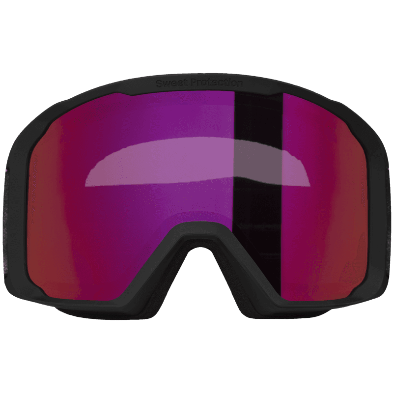 Close-up front view of Sweet Protection ski goggles with black frame and pink mirrored lens.