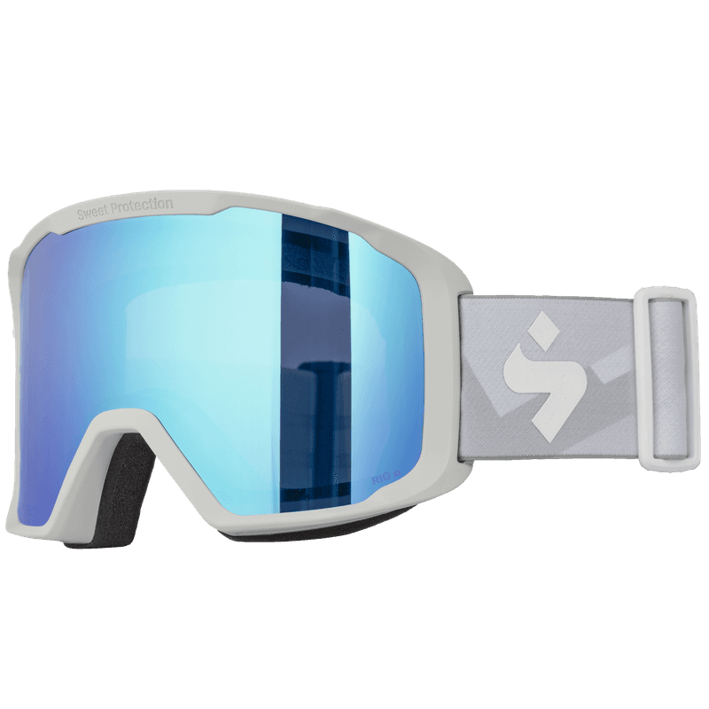Sweet Protection ski goggles, light gray strap, angled view showing blue mirrored lens.
