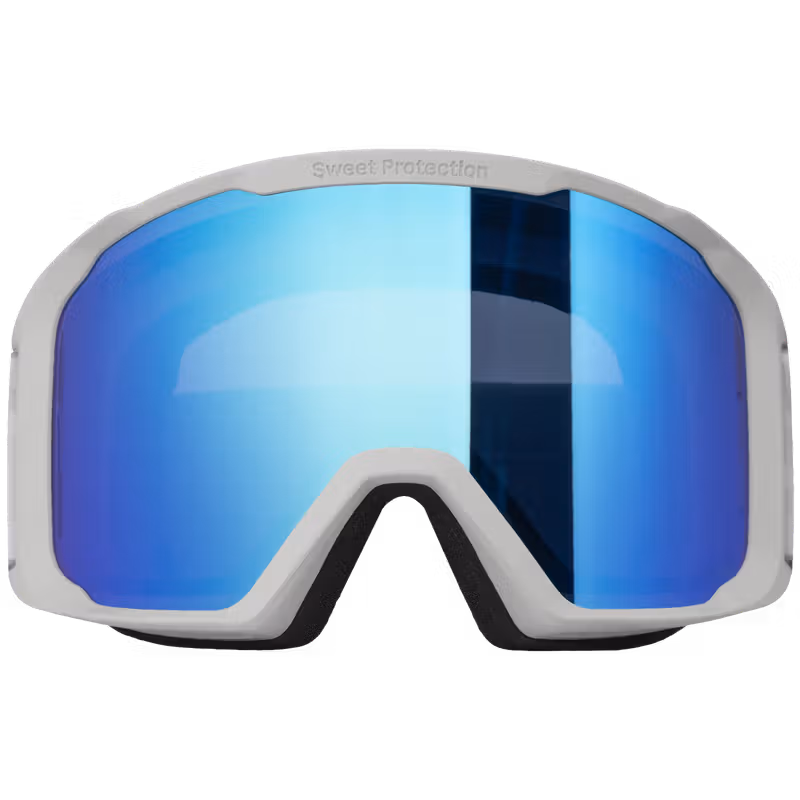 Close-up front view of Sweet Protection ski goggles with light gray frame and blue mirrored lens.