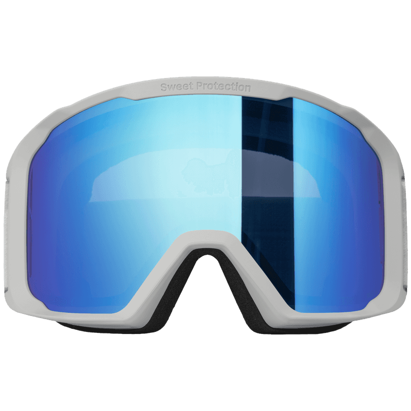 Close-up front view of Sweet Protection ski goggles with light gray frame and blue mirrored lens.